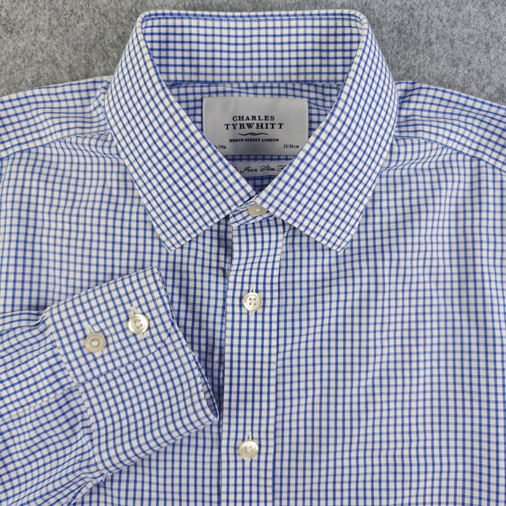 Charles Tyrwhitt Dress Shirt Mens 15.5 34 Non Iron Slim Fit Blue Check Point